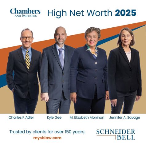 Chambers ranked lawyers: Chuck Adler, Kyle Gee, Lisa Monihan, and Jennifer Savage standing next to each other in dark gray and blue suite jackets. Text on top in dark blue: Chambers High Net Worth 2025.